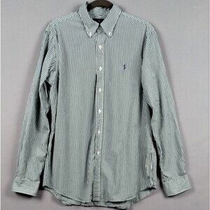 Polo Ralph Lauren Mens Large Shirt White Green Cotton Stretch Stripe Long Sleeve